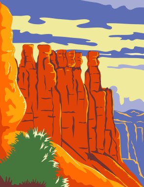 Bryce Canyon Ulusal Parkı 'nın WPA poster sanatı Utah' taki yüksek platoya oyulmuş doğal bir amfi tiyatro. Proje yönetimi veya federal sanat projesi tarzında yapılmış..