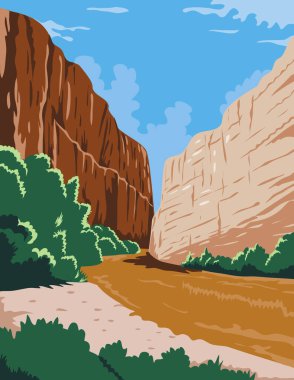 WPA 'nın Big Bend Ulusal Parkı afiş sanatı, Rio Grande Ro Bravo' da büyük bir viraj Teksas 'ta yer alan, Birleşik Devletler' in çalışma projesi yönetimi veya federal sanat projesi tarzı.