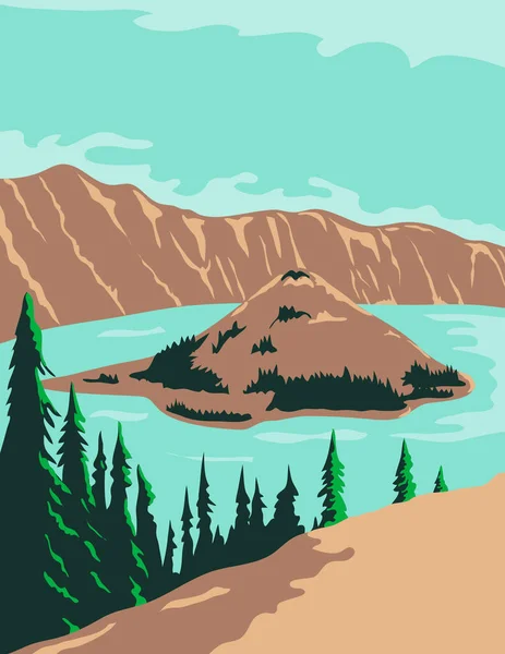 Wpa Crater Lake Ulusal Parkı Nın Poster Sanatı Wizard Island — Stok Vektör