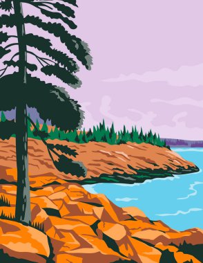 WPA 'nın Acadia Ulusal Parkı afişi, Maine eyaletinde bulunan bir Amerikan milli parkı, Bar Harbor' ın güneybatısında, Birleşik Devletler 'in çalışma projesi yönetimi veya federal sanat projesi tarzında yapılmıştır..