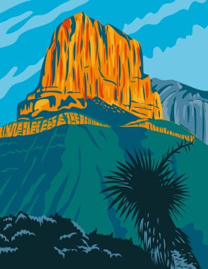 Guadalupe Dağları Ulusal Parkı 'nın WPA poster sanatı El Paso, Teksas' ın doğusundaki Amerikan milli parkı El Capitan tepesiyle birlikte Federal Sanat Projesi tarzında yapıldı..