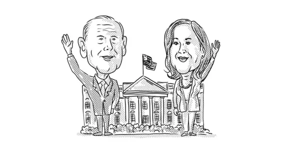 2020年11月21日 美国新泽西州Auckland 美国第46任总统当选人乔 拜登和副总统卡马拉 哈里斯在白宫前挥手模仿漫画风格的例证 — 图库照片