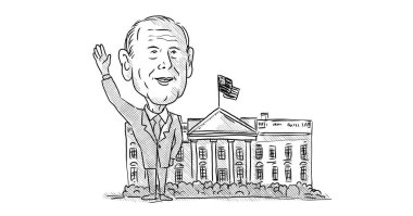 22 Kasım 2020, AUCKLAND, NEW ZEALAND: Amerikan 46. Başkanı, Demokrat Joe Biden 'ı Beyaz Saray önünde siyah beyaz karikatür tarzında el sallayarak seçerken karikatür çizimi.