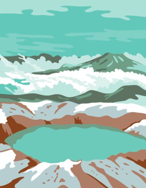 WPA 'nın Katmai Ulusal Parkı' nın poster sanatı ve Güney Alaska 'daki Katmai Dağı' nın zirve krateri gölüyle Birleşik Devletler Federal Sanat Projesi tarzında yürütüldü..
