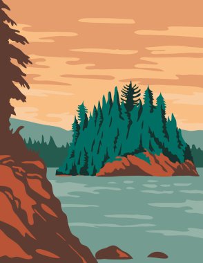 Isle Royale Ulusal Parkı 'nın WPA poster sanatı, Isle Royale ve Michigan' da Superior Gölü 'ndeki yüzlerce adadan oluşmaktadır..