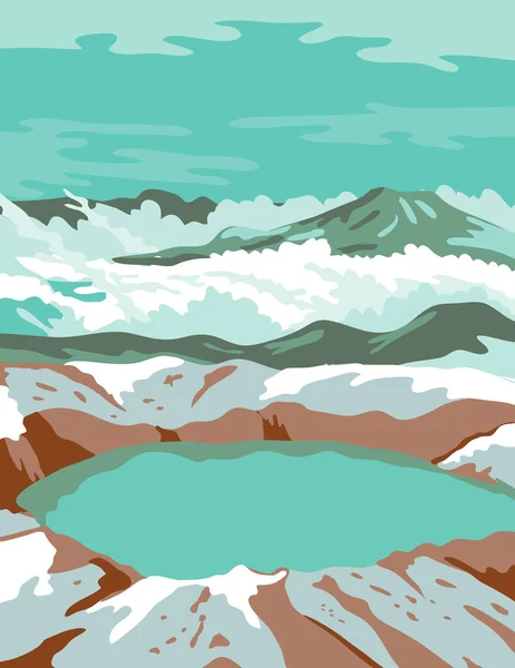 南アラスカのカトマイ山の頂上火口湖とカトマイ国立公園のWpaポスターアート作品プロジェクト管理で行わ連邦アートプロジェクトスタイル — ストックベクタ
