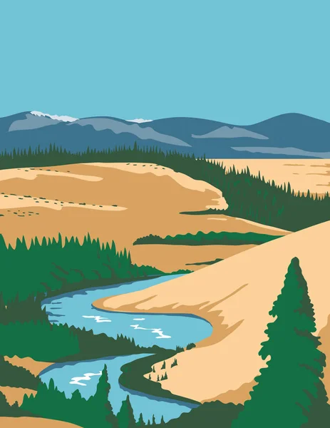 米国アラスカ州北西部の北極圏にあるアメリカ国立公園 コブクバレー国立公園のWpaポスターアートプロジェクト管理連邦アートプロジェクトスタイル — ストックベクタ