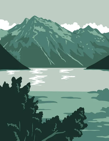 クラーク湖国立公園のWpaポスターアートと保存 アンカレッジのアメリカ国立公園 アラスカ州の南西部 米国は 作品プロジェクト管理連邦アートプロジェクトスタイルで行われました — ストックベクタ