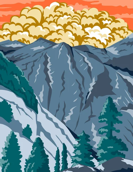 Wpa海报艺术的国王峡谷国家公园 美国国家公园在内华达州南部 弗雷斯诺州和图拉尔州的作品管理联邦艺术项目风格 — 图库矢量图片