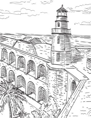 Florida Keys 'deki Dry Tortugas Ulusal Parkı' nın Retro ahşap kesim tarzı illüstrasyonu, Fort Jefferson 'ın yeri, İç Savaş döneminden kalma bir kale ve Garden Key Lighthouse siyah beyaz arka planda izole edilmiş..