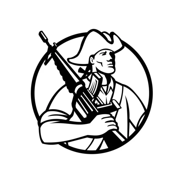 图上的吉祥物是一位美国爱国者革命锡兵 肩负着冲锋枪 向前看 前置圆形 背景孤立 黑白复古风格 — 图库矢量图片