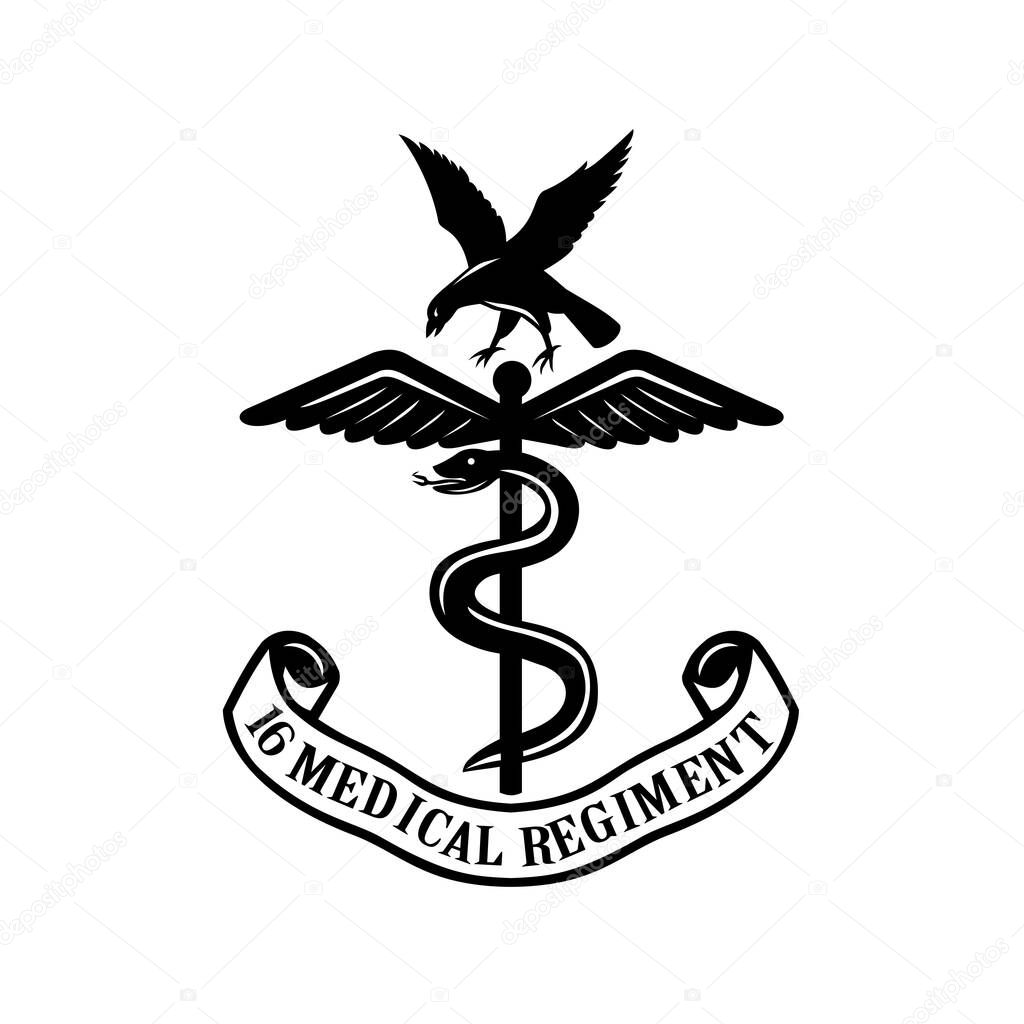 Retro style illustration of the badge or emblem of the 16 Medical Regiment that provides dedicated medical support to 16 Air Assault Brigade on isolated background done in black and white.