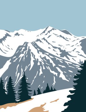 WPA poster art of the Olympic National Park with summit of Mount Olympus in Washington State with subalpine fir forest in the United States in works project administration federal art project style. clipart