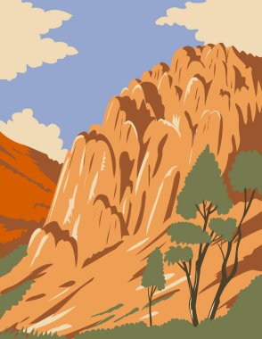 Pinnacles Ulusal Parkı 'nın WPA poster sanatı Orta Kaliforniya' daki Salinas Vadisi 'nde kaya oluşumları, Birleşik Devletler iş projeleri yönetimi veya federal sanat projesi tarzında yapılmıştır..