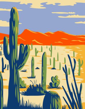 Saguaro Ulusal Parkı 'nın WPA poster sanatı. Pima County, Arizona' daki Sonoran Çölü 'nde büyüyen dev Saguaro kaktüsü. Birleşik Devletler iş projeleri yönetimi veya federal sanat projesi tarzında yapıldı..