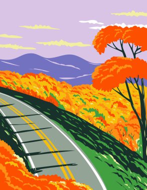 WPA poster art of Skyline Drive at the Shenandoah National Park with the Blue Ridge Mountains during fall in Virginia, United States done in works project administration or federal art project style. clipart