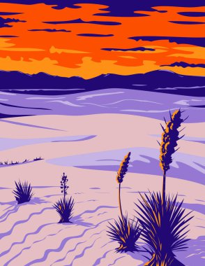 Beyaz Kumlar Ulusal Parkı 'nın WPA poster sanatı. Soaptree yucca ya da New Mexico' daki Tularosa Havzası 'nda palmella. Amerika Birleşik Devletleri..