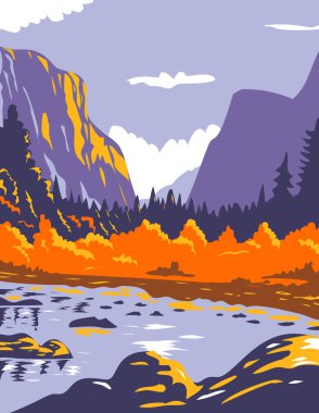 El Capitan ya da El Cap 'in WPA poster sanatı Yosemite Ulusal Parkı Sierra Nevada Orta Kaliforniya Birleşik Devletleri çalışma projesi yönetimi veya federal sanat projesi tarzı.