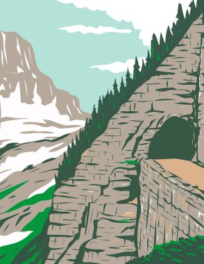 WPA, Doğu Yakası Tüneli ve Dağı 'ndaki Güneşe Giden Yol' un poster sanatı. Reynolds, Buzul Ulusal Parkı, Montana, Birleşik Devletler iş projesi yönetimi veya federal sanat projesi tarzı.