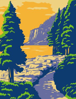 WPA 'nın Acadia Ulusal Parkı' ndaki Otter Cliff ile Ocean Path poster sanatı, Maine Birleşik Devletleri 'nin Mount Desert Adası' nda bir dinlenme alanı proje yönetimi veya federal sanat projesi tarzı..
