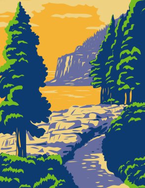 WPA poster art of Ocean Path with the Otter Cliff in Acadia National Park, a recreation area on Mount Desert Island, Maine United States in works project administration or federal art project style. clipart