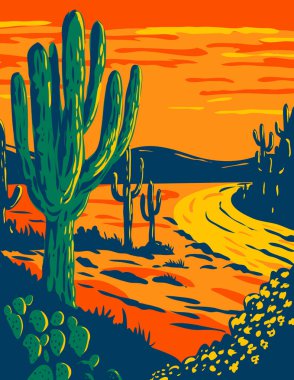 Saguaro, Carnegiea gigantea 'nın WPA poster sanatı, Tucson, Arizona' daki Saguaro Ulusal Parkı 'nda alacakaranlıkta ağaç benzeri bir kaktüs cins..