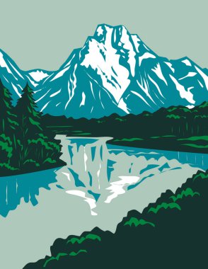 Jackson Hole Vadisi 'nin Wyoming, Amerika Birleşik Devletleri' ndeki Grand Teton Ulusal Parkı 'nın zirveleri proje yönetimi veya federal sanat projesi tarzında yapılmış WPA poster sanatı..