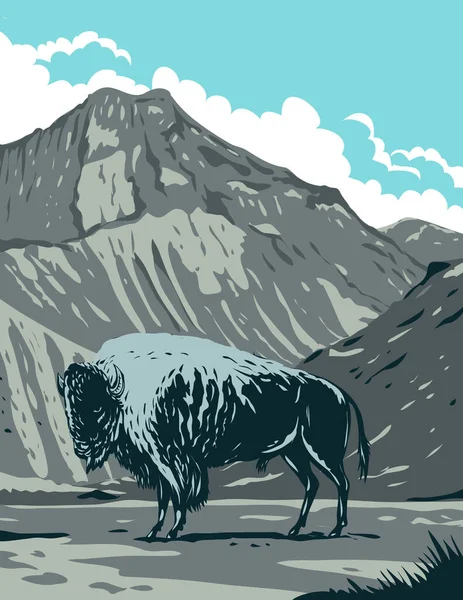 Wpa Poster Art American Bison Eagle Peak Mountain Yellowstone National — Stock Vector