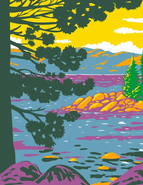 位于加利福尼亚和内华达州内华达山脉的一个大型淡水湖 翡翠湾 塔荷湖的世界和平协会海报艺术 是以工程项目管理或联邦艺术项目风格完成的 — 图库矢量图片