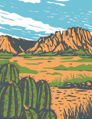 WPA 'nın Meksika' daki Big Bend Ulusal Parkı 'nın ve Birleşik Devletler' in güneybatısındaki Federal Sanat Projesi tarzında yapılmış bir çöl olan Chihuahuan Çölü poster sanatı..