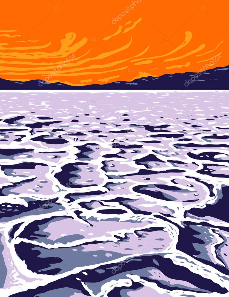 WPA poster art of Badwater Basin, an endorheic basin in Death Valley National Park Inyo County California lowest point in North America in works project or administration federal art project style.