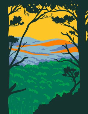 WPA 'nın Ouachita Dağları ya da Ouachitas poster sanatı, Arkansas ve Oklahoma' da Hot Springs Ulusal Parkı 'ndaki bir sıradağlık çalışma projesi veya yönetimin federal sanat projesi tarzı..