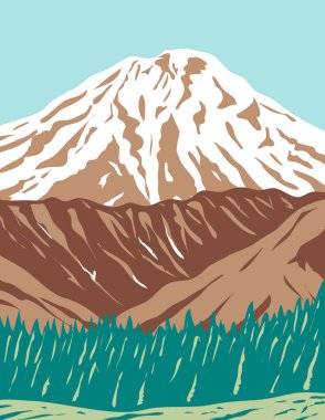 WPA 'nın Redoubt Volkanı ya da Redoubt Dağı' nın poster sanatı, Alaska 'nın volkanik Aleutian Sıradağlarında faaliyet gösteren aktif bir stratovolcano, proje yönetimi veya federal sanat projesi tarzında yapılmıştır..