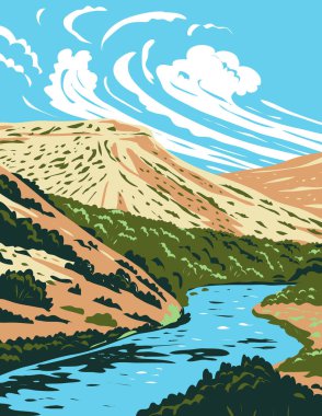 WPA poster art of the Rio Grande, a principal river in the United States and Mexico that begins in Colorado and flows to Gulf of Mexico in works project administration or federal art project style. clipart