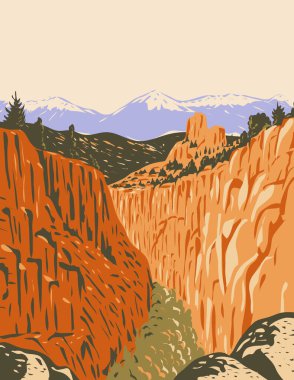 WPA, Arkansas Nehri Vadisi 'ndeki kanyon ve ormanları ve Chaffee County Colorado' daki Sawatch Sıradağlarını kapsayan Browns Canyon Ulusal Anıtı 'nın poster sanatı.