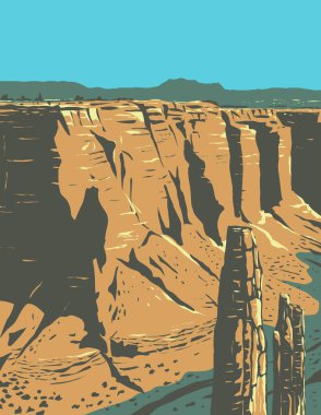 WPA 'nın Örümcek Kayası poster sanatı, Arizona' daki Navajo kabilesi arazilerindeki Canyon de Chelly Ulusal Anıtı 'nın kumtaşı kulesi. Proje yönetimi veya Federal Sanat Projesi tarzında..