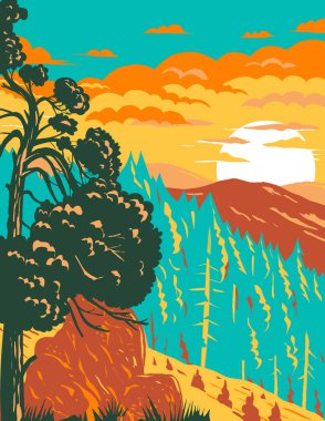 Kaliforniya 'daki Cascade-Siskiyou Ulusal Anıtı' ndaki Pacific Crest Trail 'den Shasta Dağı ve Pilot Rock' ın WPA poster sanatı.