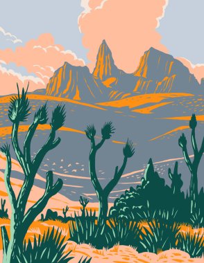 WPA afiş sanatı Kale Dağları Ulusal Anıt Mojave Çölü ve San Bernardino İlçesi Kaliforniya yer alan Joshua ağacı proje yönetimi veya federal sanat proje tarzı yapılır.