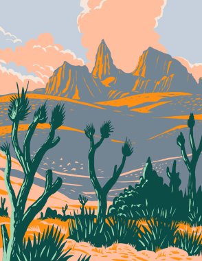 WPA poster art of Joshua tree in Castle Mountains National Monument located in the Mojave Desert and San Bernardino County California done in works project administration or federal art project style. clipart