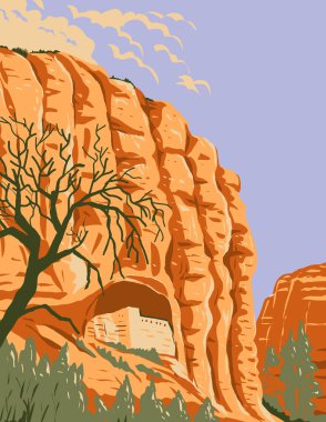 WPA 'nın Mogollon uçurumlarındaki konutların afiş sanatı Gila Cliff Dwellings Ulusal Anıtı Güneybatı New Mexico' da yer alan proje yönetimi tarzında yapılmıştır..