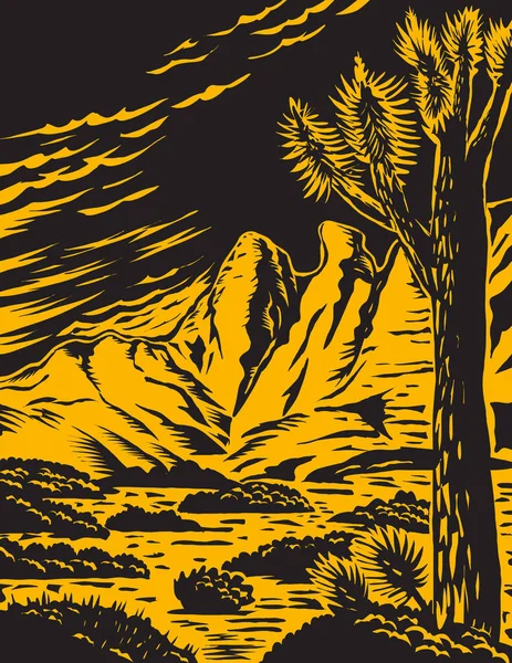 Cartaz Estilo Woodcut Arte Árvore Joshua Paisagem Desértica Remota Acidentada —  Vetores de Stock