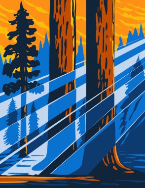 Kaliforniya 'nın orta doğusundaki Sierra Nevada' da bulunan dev Sequoia Ulusal Anıtı 'nın WPA poster sanatı çalışma projesi yönetimi veya federal sanat projesi tarzında yapılmıştır..