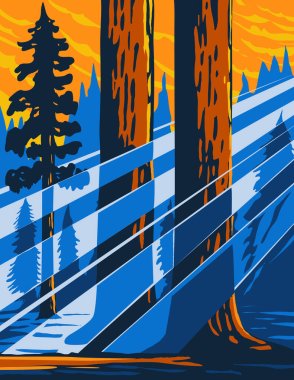 WPA poster art of the Giant Sequoia National Monument located in the southern Sierra Nevada in eastern central California USA done in works project administration or federal art project style. clipart