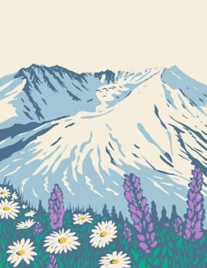 Washington 'daki Gifford Pinchot Ulusal Ormanı' ndaki St. Helens Dağı Ulusal Volkanik Anıtı 'nın WPA poster sanatı proje yönetimi tarzı veya federal sanat projesi tarzında yapılmıştır..