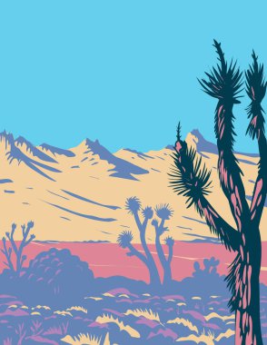 WPA Poster Art of the Castle Mountains range and Joshua tree in the Mojave Desert within Castle Mountains National Monument San Bernardino County California done in works project administration style. clipart