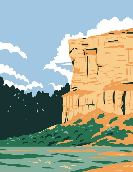 Wpa庞培石柱国家纪念馆海报艺术位于美国蒙大拿中南部的砂岩柱和岩层 以工程项目管理风格完成 — 图库矢量图片