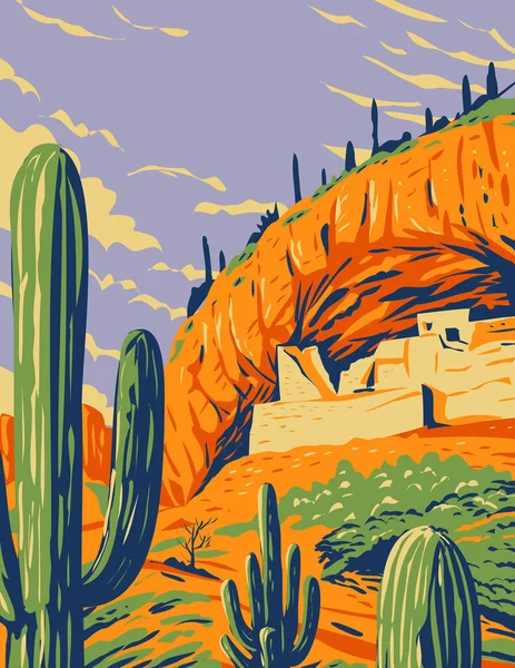 Wpa Affisch Konst Salado Stil Klippa Bostad Och Saguaro Kaktus — Stock vektor