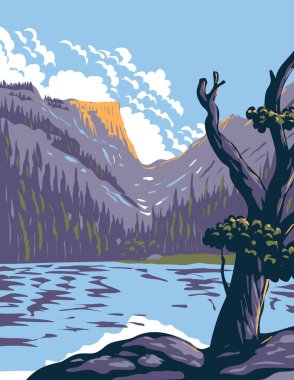 WPA Poster Art of Loch Lake in Rocky Mountain National Park within Front Range of Rocky Mountains located in northern Colorado done in works project administration style or federal art project style. clipart