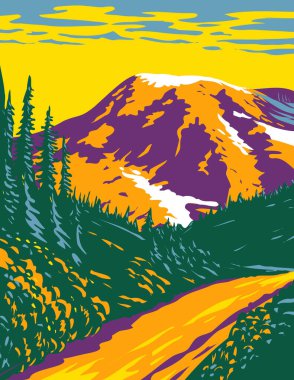 WPA Poster Art of Mount Rainier National Park, an active stratovolcano in the Cascades located in Pierce County and Lewis County in Washington state done in works project administration style. clipart
