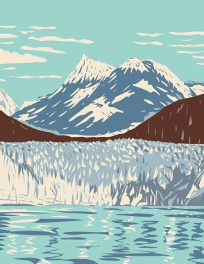Glacier Körfezi Ulusal Parkı 'nın WPA Poster Sanatı ve Juneau Alaska' nın batısında yer alan tidewater buzulları ile korunur..